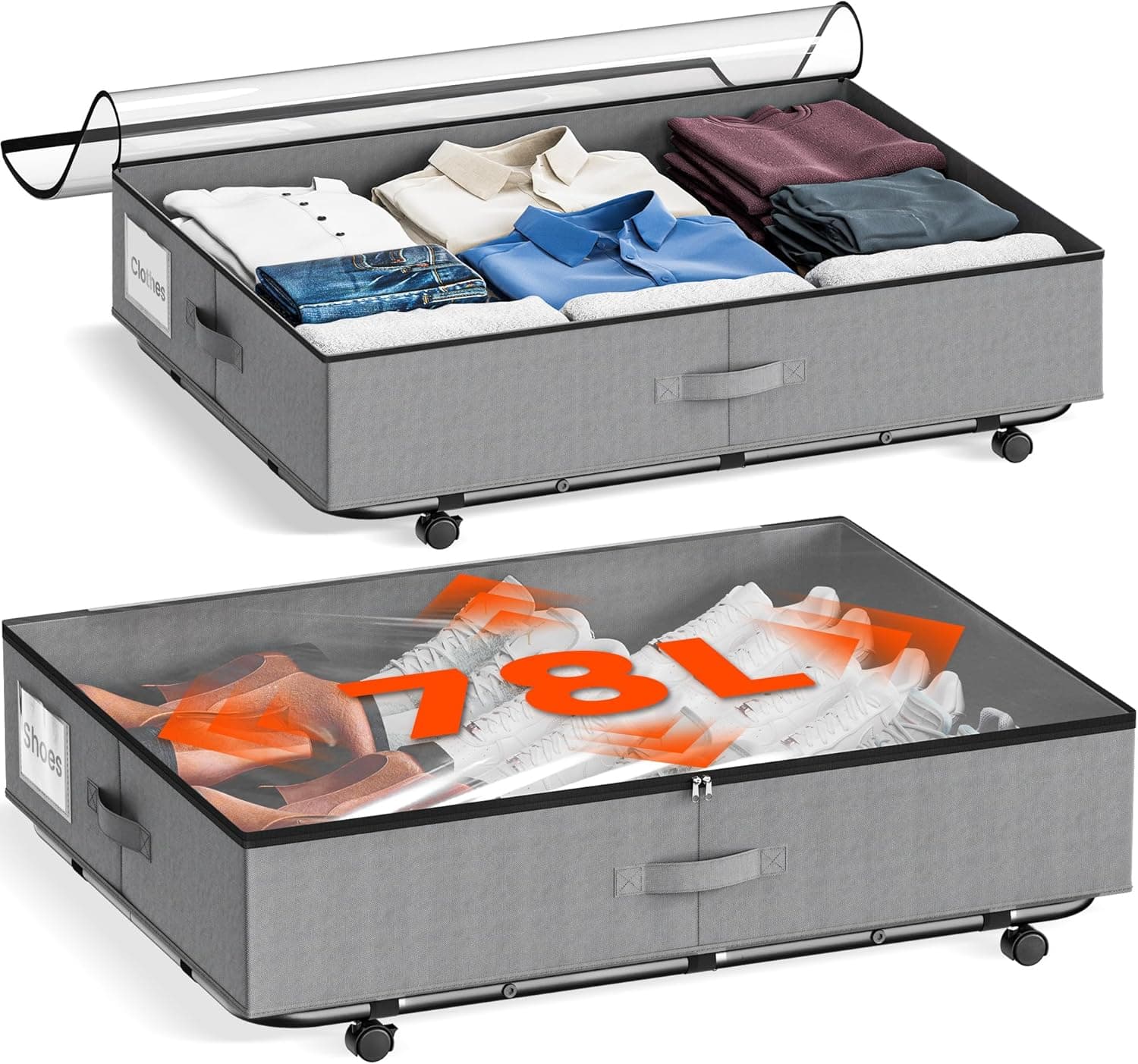 XXXL 78L Under Bed Storage with Wheels, Rolling Storage Containers with Clear Lid & Label, Heavy-Duty Metal Frame, Easy Pull-out, Underbed Storage Bins for Clothes, Shoes, Blankets, and Toys(2PACK)